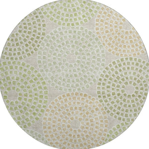 HomeRoots 8' Artichoke Green Beige Ivory Geometric Round Rug - Washable, UV Protected & Stain Resistant Design 670090
