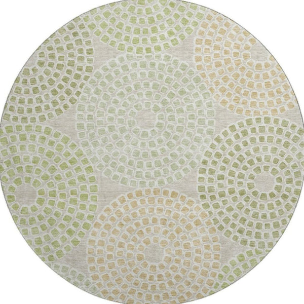HomeRoots 8' Artichoke Green Beige Ivory Geometric Round Rug - Washable, UV Protected & Stain Resistant Design 670090