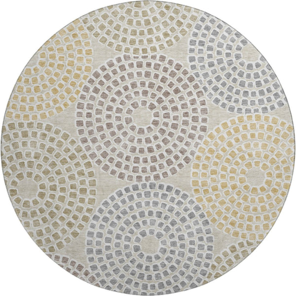 HomeRoots 8' Modern Geometric Beige Gold & Gray Round Rug - Washable, UV Protected, Stain-Resistant Design 670096