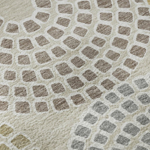 HomeRoots 8' Modern Geometric Beige Gold & Gray Round Rug - Washable, UV Protected, Stain-Resistant Design 670096
