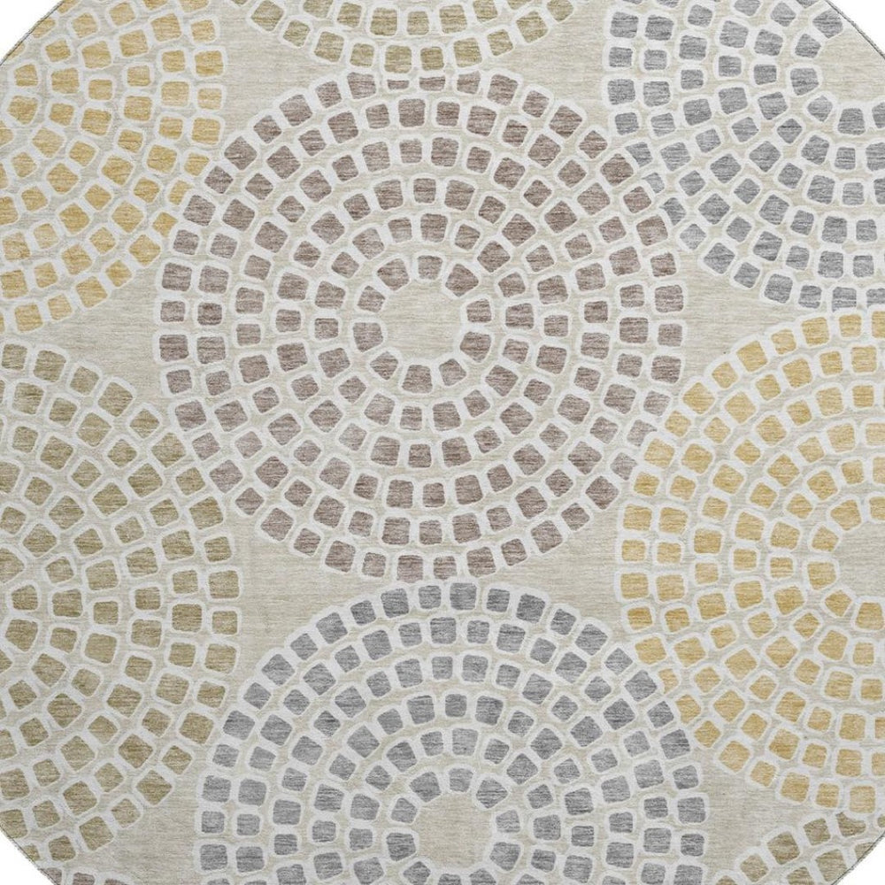 HomeRoots 8' Modern Geometric Beige Gold & Gray Round Rug - Washable, UV Protected, Stain-Resistant Design 670096