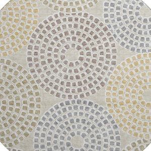 HomeRoots 8' Modern Geometric Beige Gold & Gray Round Rug - Washable, UV Protected, Stain-Resistant Design 670096