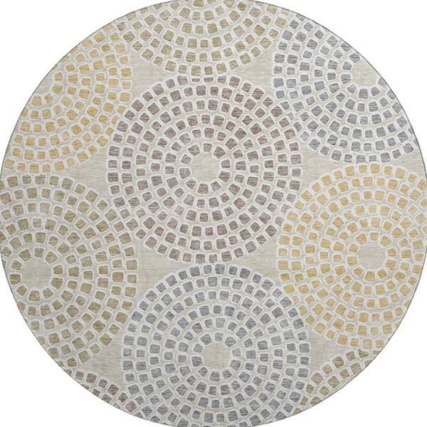 HomeRoots 8' Modern Geometric Beige Gold & Gray Round Rug - Washable, UV Protected, Stain-Resistant Design 670096