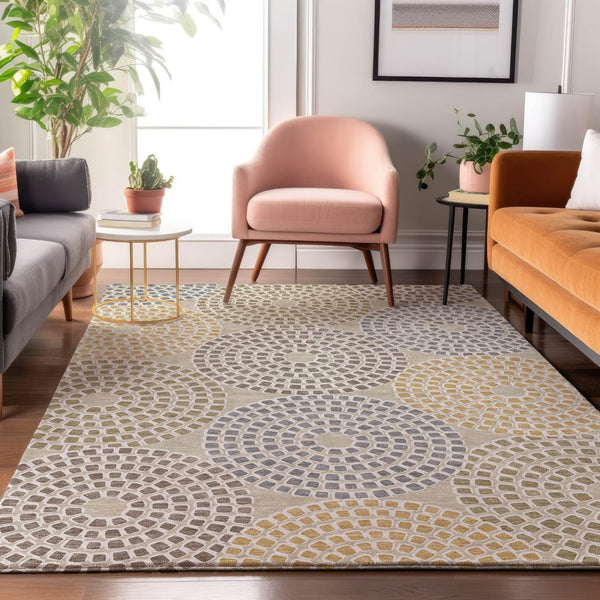 HomeRoots 8' X 10' Beige Gold Gray Geometric Area Rug - Washable, Stain Resistant, UV Protected for Homes 670097