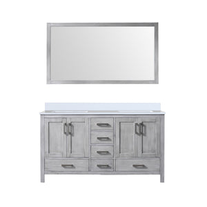 English Elm Distressed Grey Double Bath Vanity With White Quartz Top & 58" Mirror - Stylish Storage Solution! B2731S00700