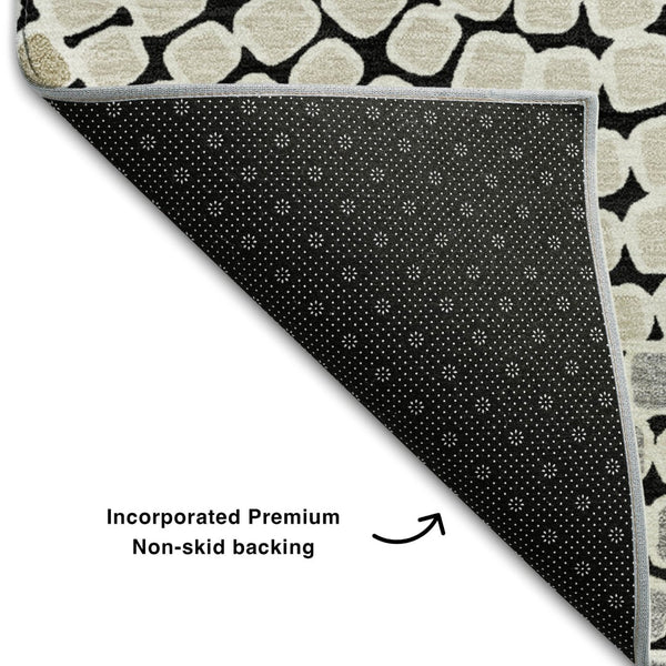 HomeRoots 5' X 8' Stylish Black Beige Ivory Geometric Area Rug – Washable, UV Protected, Easy Care & Durable! 670101