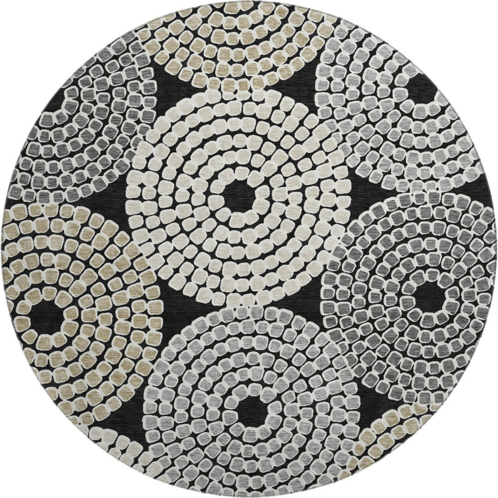 HomeRoots 8' Modern Black Beige Ivory Geometric Round Rug - Washable, UV Protected, Durable for High-Traffic Areas 670102
