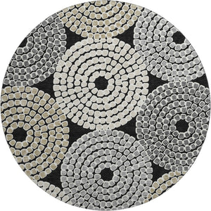HomeRoots 8' Modern Black Beige Ivory Geometric Round Rug - Washable, UV Protected, Durable for High-Traffic Areas 670102