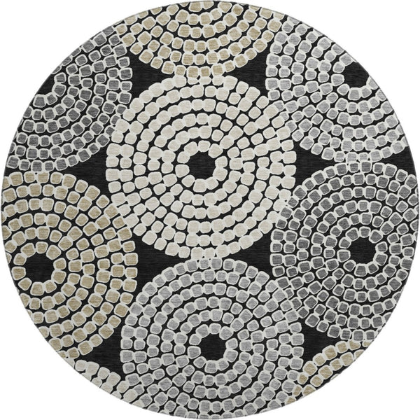 HomeRoots 8' Modern Black Beige Ivory Geometric Round Rug - Washable, UV Protected, Durable for High-Traffic Areas 670102
