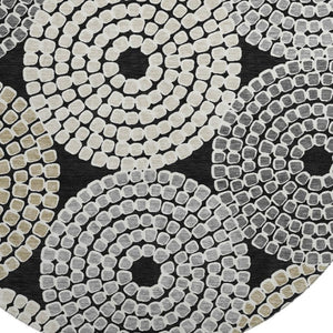 HomeRoots 8' Modern Black Beige Ivory Geometric Round Rug - Washable, UV Protected, Durable for High-Traffic Areas 670102