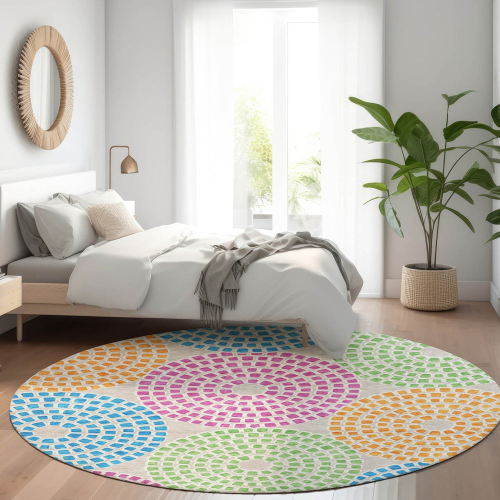 HomeRoots 8' Stylish Cream Green and Blue Geometric Washable Round Rug with UV Protection for Busy Homes 670108