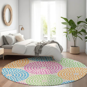 HomeRoots 8' Stylish Cream Green and Blue Geometric Washable Round Rug with UV Protection for Busy Homes 670108