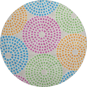 HomeRoots 8' Stylish Cream Green and Blue Geometric Washable Round Rug with UV Protection for Busy Homes 670108