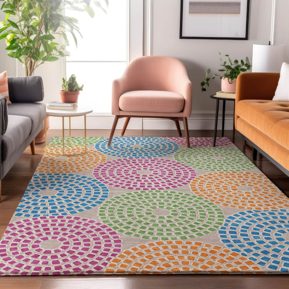 HomeRoots 9' Modern Geometric Cream, Green & Blue Area Rug – Washable, UV Protected & Stain Resistant Design 670110