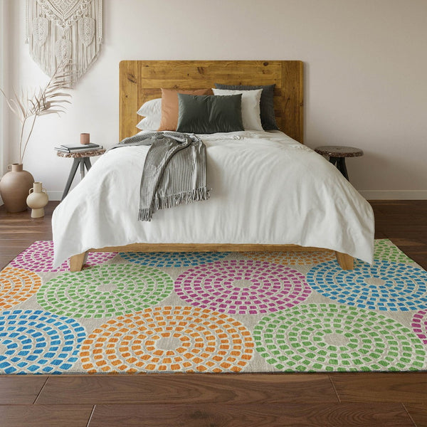 HomeRoots 9' Modern Geometric Cream, Green & Blue Area Rug – Washable, UV Protected & Stain Resistant Design 670110
