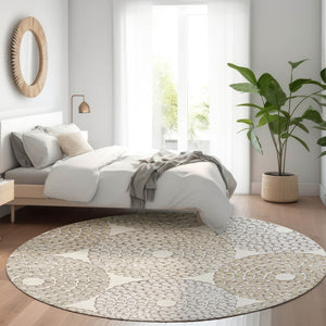 HomeRoots 8' Ivory Beige and Taupe Geometric Washable Round Rug - Stylish, Durable, and UV Protected Design! 670120