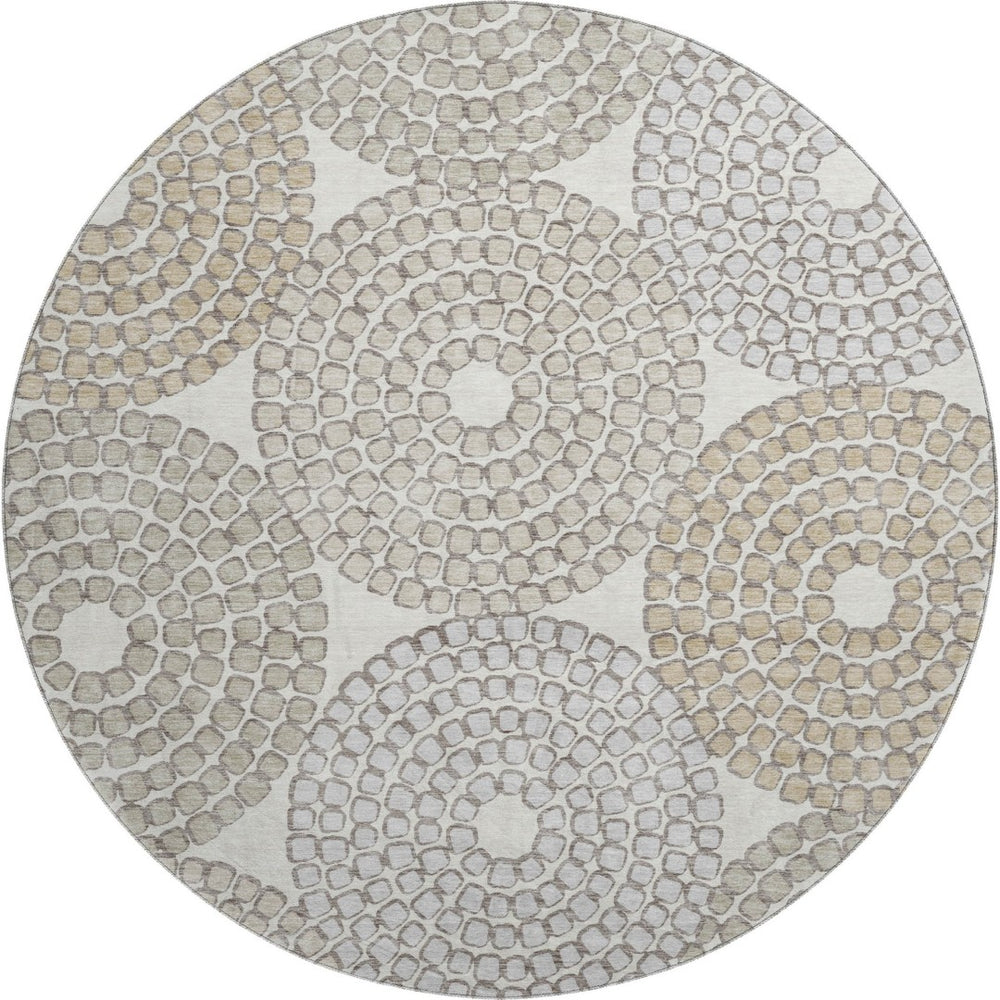 HomeRoots 8' Ivory Beige and Taupe Geometric Washable Round Rug - Stylish, Durable, and UV Protected Design! 670120