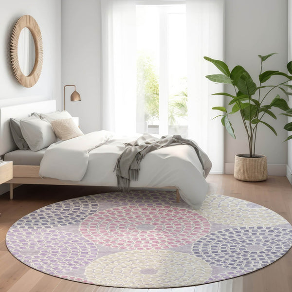 HomeRoots 8' Contemporary Lavender Gray & Blush Round Rug - Washable, UV Protected, Stain Resistant, Non-Slip 670126