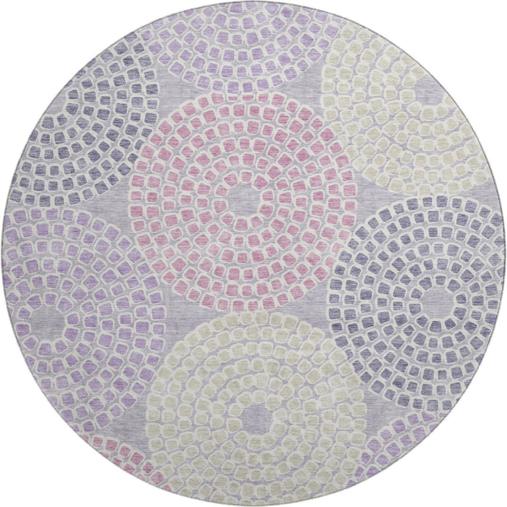 HomeRoots 8' Contemporary Lavender Gray & Blush Round Rug - Washable, UV Protected, Stain Resistant, Non-Slip 670126
