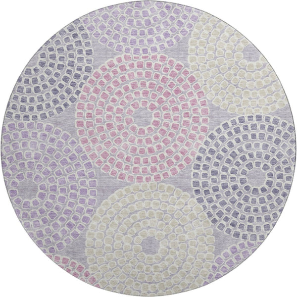 HomeRoots 8' Contemporary Lavender Gray & Blush Round Rug - Washable, UV Protected, Stain Resistant, Non-Slip 670126