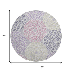 HomeRoots 8' Contemporary Lavender Gray & Blush Round Rug - Washable, UV Protected, Stain Resistant, Non-Slip 670126
