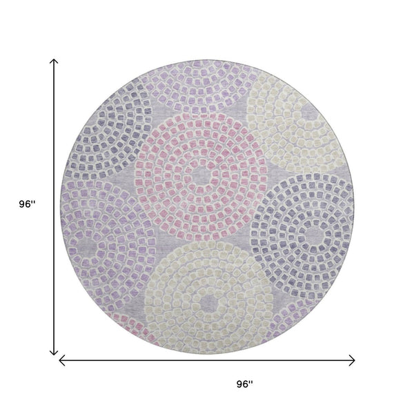 HomeRoots 8' Contemporary Lavender Gray & Blush Round Rug - Washable, UV Protected, Stain Resistant, Non-Slip 670126