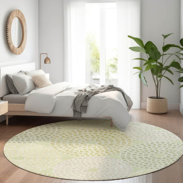 HomeRoots 8' Stylish Mint Green, Gray & Olive Geometric Washable Round Rug with UV Protection & Durability 670132