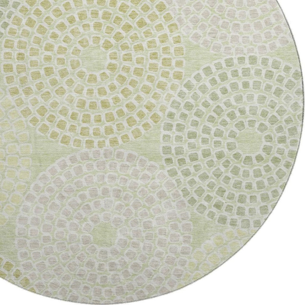 HomeRoots 8' Stylish Mint Green, Gray & Olive Geometric Washable Round Rug with UV Protection & Durability 670132