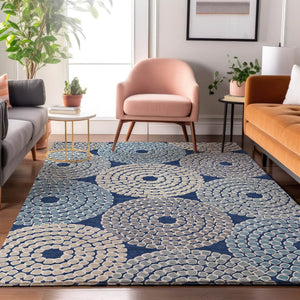 HomeRoots 5' Navy Blue, Gray & Beige Geometric Washable Area Rug with UV Protection for Busy Homes & Style 670137