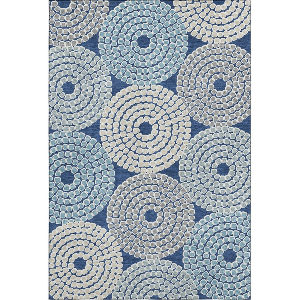 HomeRoots 5' Navy Blue, Gray & Beige Geometric Washable Area Rug with UV Protection for Busy Homes & Style 670137