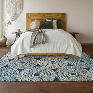 HomeRoots 5' Navy Blue, Gray & Beige Geometric Washable Area Rug with UV Protection for Busy Homes & Style 670137