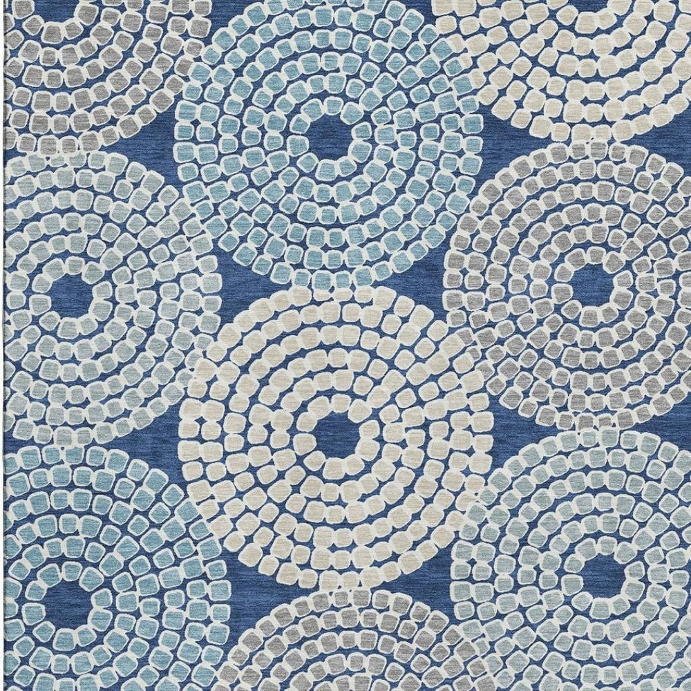 HomeRoots 5' Navy Blue, Gray & Beige Geometric Washable Area Rug with UV Protection for Busy Homes & Style 670137