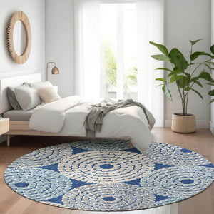 HomeRoots 8' Stylish Navy Blue, Gray & Beige Geometric Round Rug - Washable, UV-Protected, Ideal for Homes 670138