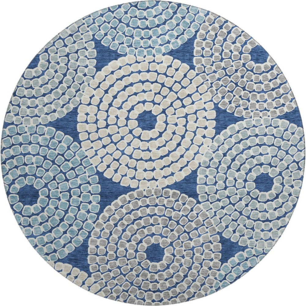 HomeRoots 8' Stylish Navy Blue, Gray & Beige Geometric Round Rug - Washable, UV-Protected, Ideal for Homes 670138