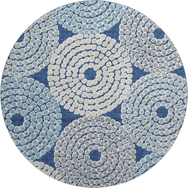 HomeRoots 8' Stylish Navy Blue, Gray & Beige Geometric Round Rug - Washable, UV-Protected, Ideal for Homes 670138