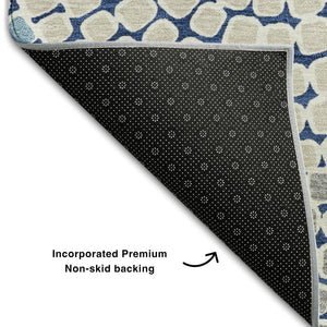 HomeRoots 8' Stylish Navy Blue, Gray & Beige Geometric Round Rug - Washable, UV-Protected, Ideal for Homes 670138