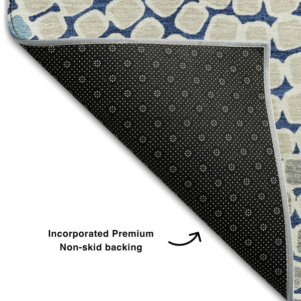 HomeRoots 8' Stylish Navy Blue, Gray & Beige Geometric Round Rug - Washable, UV-Protected, Ideal for Homes 670138