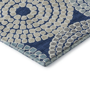 HomeRoots 8' Stylish Navy Blue, Gray & Beige Geometric Round Rug - Washable, UV-Protected, Ideal for Homes 670138