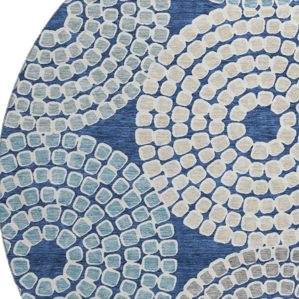 HomeRoots 8' Stylish Navy Blue, Gray & Beige Geometric Round Rug - Washable, UV-Protected, Ideal for Homes 670138