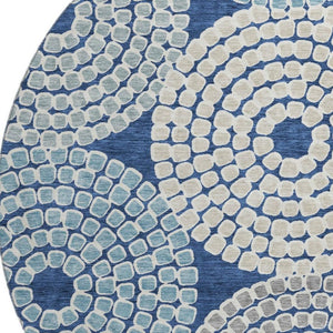HomeRoots 8' Stylish Navy Blue, Gray & Beige Geometric Round Rug - Washable, UV-Protected, Ideal for Homes 670138