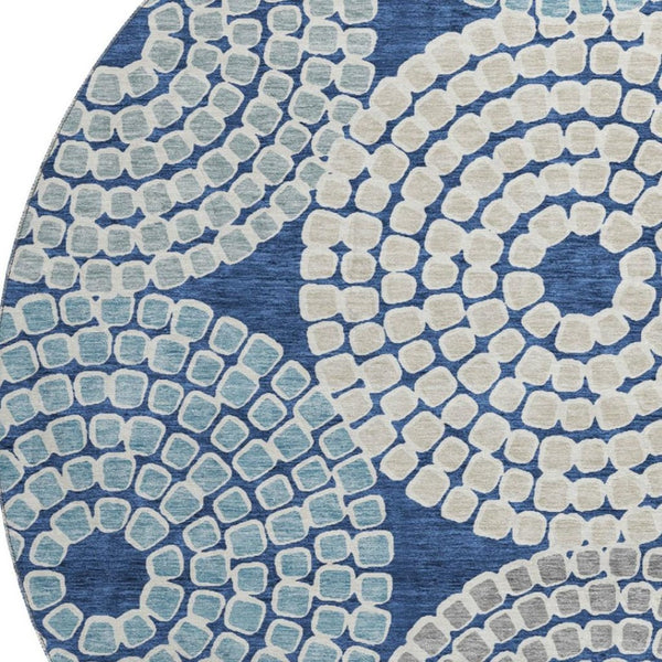 HomeRoots 8' Stylish Navy Blue, Gray & Beige Geometric Round Rug - Washable, UV-Protected, Ideal for Homes 670138