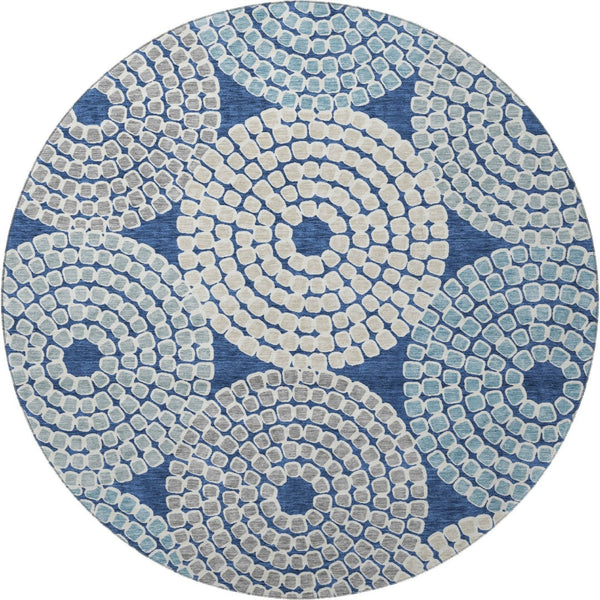 HomeRoots 8' Stylish Navy Blue, Gray & Beige Geometric Round Rug - Washable, UV-Protected, Ideal for Homes 670138