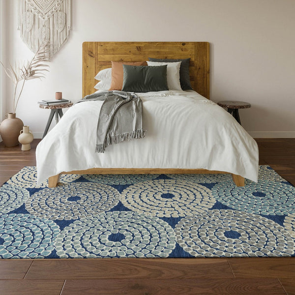 HomeRoots 8' X 10' Stylish Navy Blue, Gray & Beige Geometric Washable Area Rug with UV Protection & Durability 670139