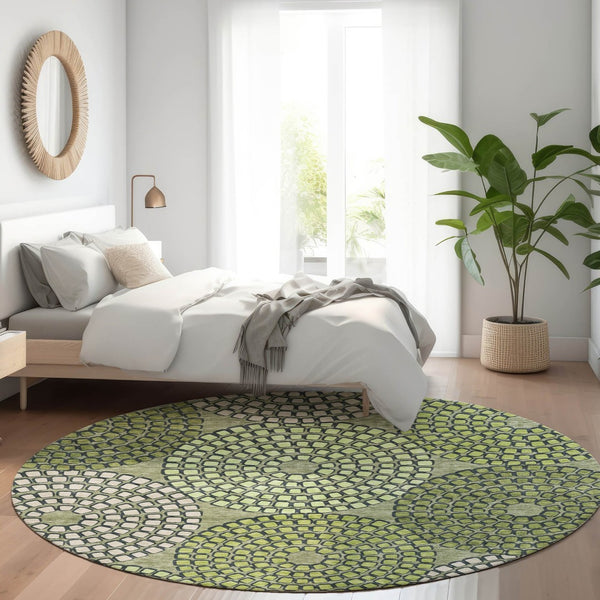 HomeRoots 8' Washable Round Rug in Olive Green, Beige & Ivory - Geometric Design with UV Protection & Durability 670144