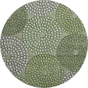 HomeRoots 8' Washable Round Rug in Olive Green, Beige & Ivory - Geometric Design with UV Protection & Durability 670144