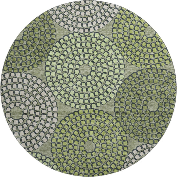 HomeRoots 8' Washable Round Rug in Olive Green, Beige & Ivory - Geometric Design with UV Protection & Durability 670144