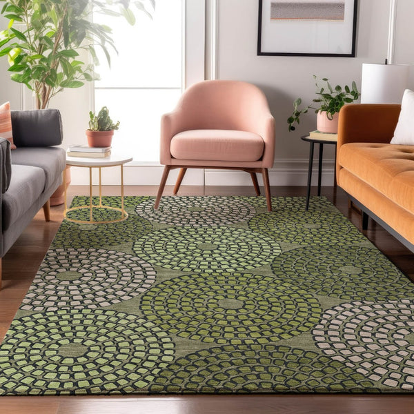 HomeRoots 10' Geometric Olive Green and Beige Washable Area Rug - Stylish, UV Protected & Easy Care Essential! 670147