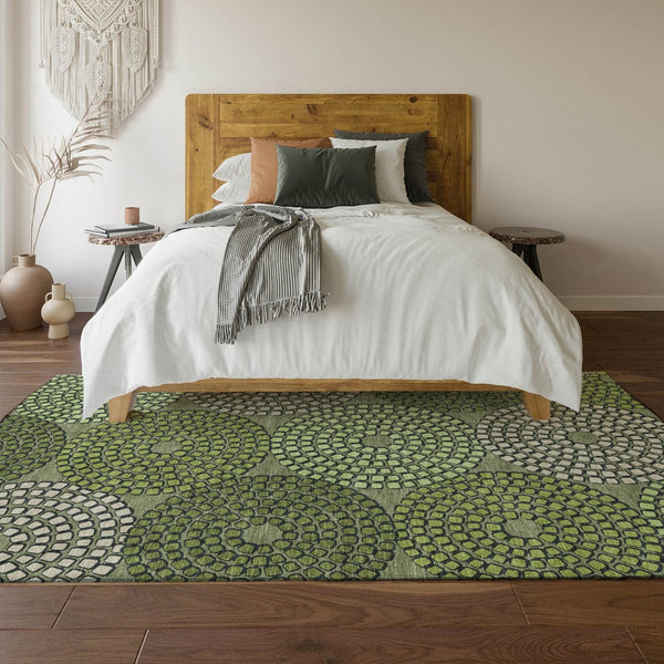 HomeRoots 10' Geometric Olive Green and Beige Washable Area Rug - Stylish, UV Protected & Easy Care Essential! 670147