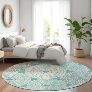HomeRoots 8' Teal Gray Beige Geometric Round Rug - Washable, UV Protected, Durable for High-Traffic Spaces 670156