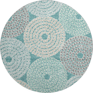HomeRoots 8' Teal Gray Beige Geometric Round Rug - Washable, UV Protected, Durable for High-Traffic Spaces 670156